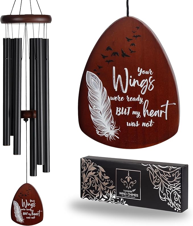 Memorial Wind Chimes for Loss of Loved One, Windchimes in Memory of a Loved One, Sympathy Gift Baskets, Bereavement Condolence Gifts, Memorial Gifts for Loss of Mom, 32" Sympathy Feather, Black