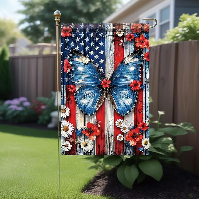 Spring Summer Garden Flag 12x18 Inch Patriotic Butterfly American Outdoor Floral Rustic Wood Art Design Outdoor Yard Porch Lawn for Seasonal Americana Farmhouse Home Decor