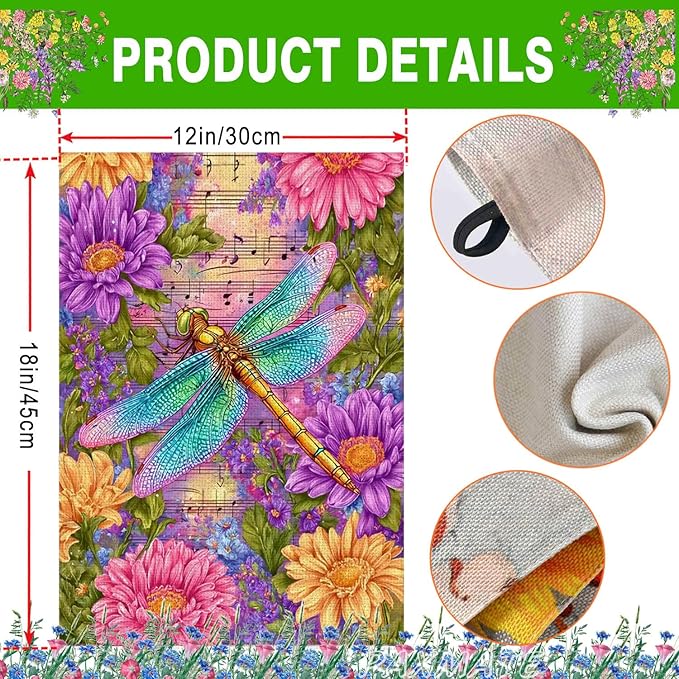 Spring Dragonfly Garden Flag 12 x 18 Double Sided, Burlap Small Floral Flower Yard Flag Seasonal Farmhouse Outside Outdoor Decoration