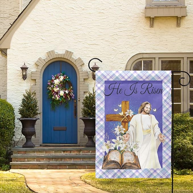 He is Risen Garden Flag Easter Cross Religious Yard Flags Lily Jesus Holy Bible Butterfly Burlap Double Sided House Banners Spring Lilies Christianity Church Garden Flags 12 x 18 Inch