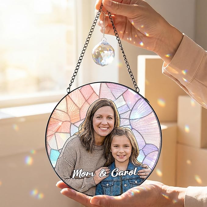 Personalized Mothers Day Stained Glass Windows Hanging, Mom Picture Suncatcher Ornament, Custom Photo Gift for Mom, Birthday Mother Grandma Gifts from Daughter Kids