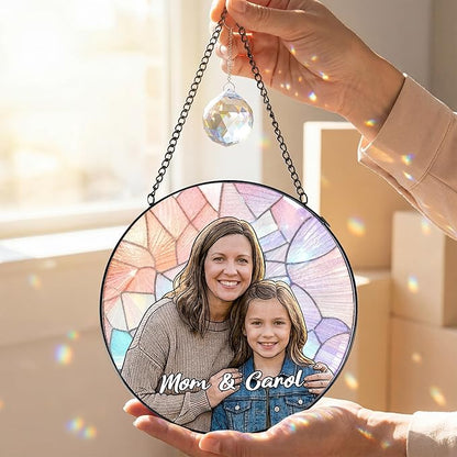 Personalized Mothers Day Stained Glass Windows Hanging, Mom Picture Suncatcher Ornament, Custom Photo Gift for Mom, Birthday Mother Grandma Gifts from Daughter Kids
