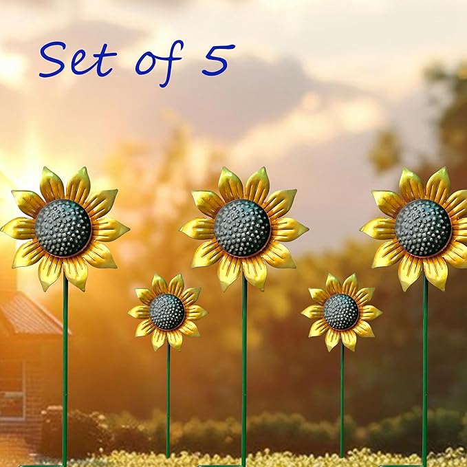 Metal Sunflower Flower Garden Stakes, Wind Catcher Spinner Garden Stakes, Garden Windmill Stakes Outdoor Wind Catchers, Yard Decor Stakes, Set of 5