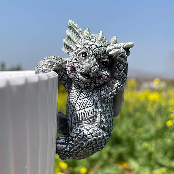 4 PCS Cute Dragon Figurines, Hanging Animal Statue for Planter Pot, Resin Climbing Sculpture Flower Pot and Vase Hugger for Patio Lawn Yard Ornaments