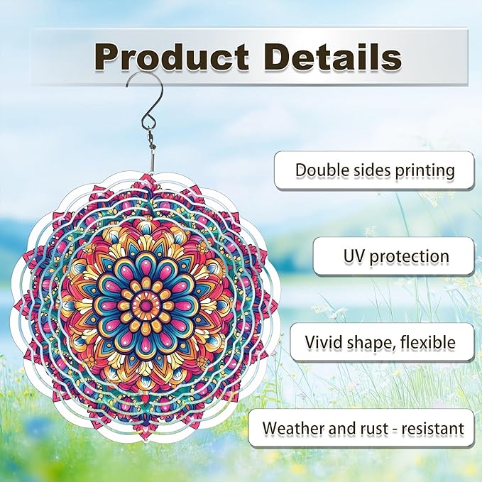 Wind Spinners Outdoor, Hanging Wind Spinner for Garden Decoration, 8 inch 3D Stainless Steel Metal Wind Sculpture for Indoor/Outdoor Decor, Multi Red Mandala