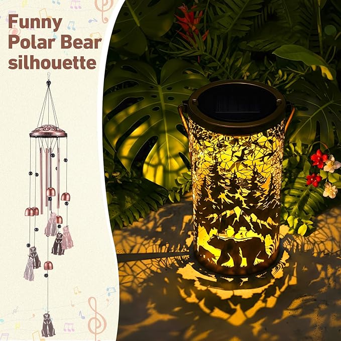 Retisee Bear Design Solar Wind Chimes Outdoor Metal Bear Gifts Solar Light Windchimes Outside Indoors Christmas Decoration Birthday Gift for Home Lawn Porch Patio Garden Yard