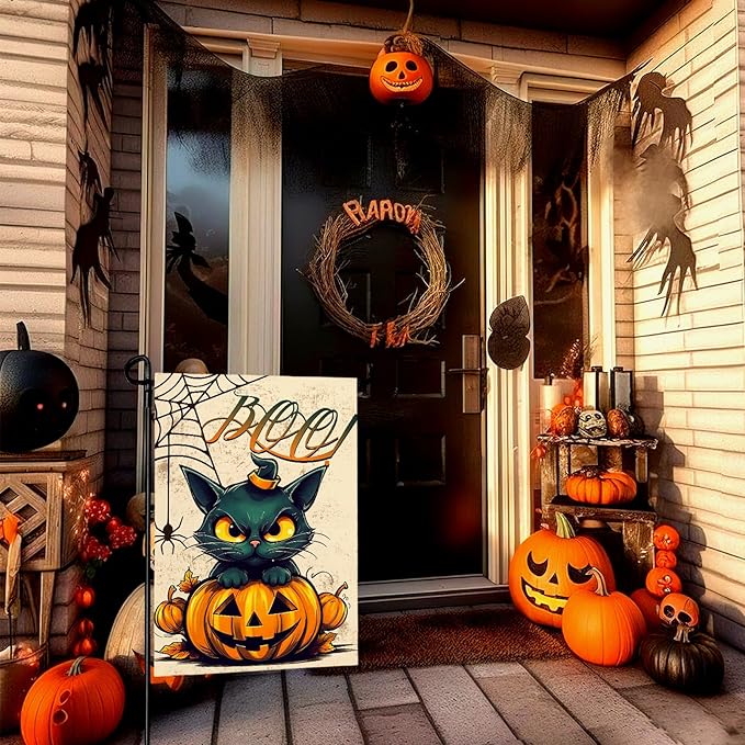 Halloween Garden Flags Black Cat Boo Yard Flag Scary Pumpkin Vertical Garden Flags Spiders Web Holiday Yard Banner 12x18 Inch Double Sided for Outside Decoration