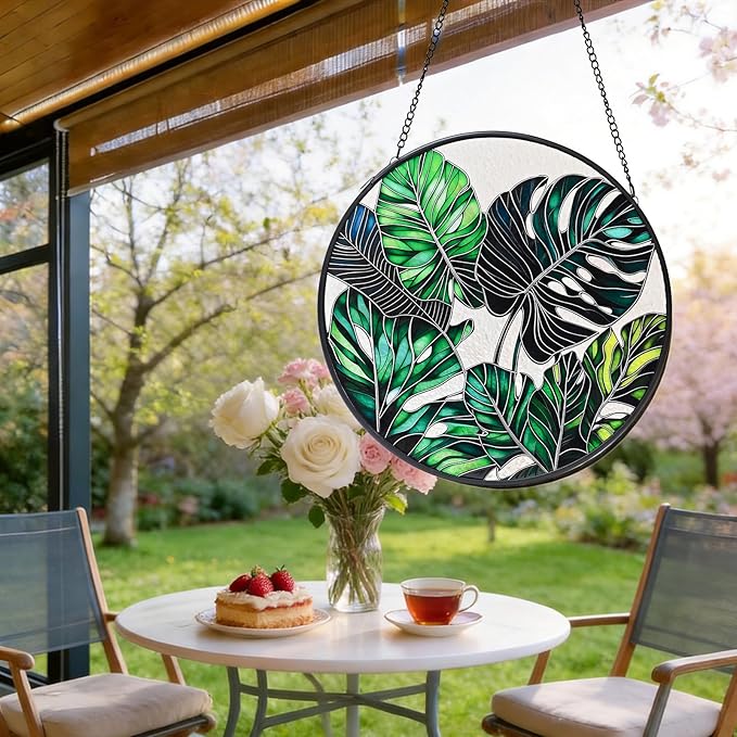 8'' Stained Glass Window Hanging, Monstera Plant Stained Glass Suncatcher, Window Hanging Decor, Plant Lover Decor, Plant Lover Gifts, Home Garden Housewarming Gifts