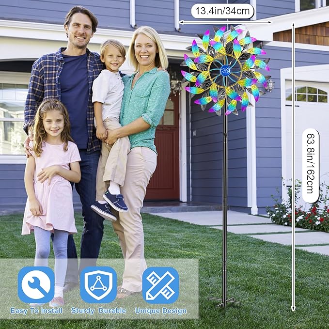 Metal Outdoor Wind Spinner, 2-Way Wind Sculpture Spinner with Metal Stake, Waterproof 360 Degrees Kinetic Windmill Art Decoration for Patio Garden Lawn (A- Colorful)