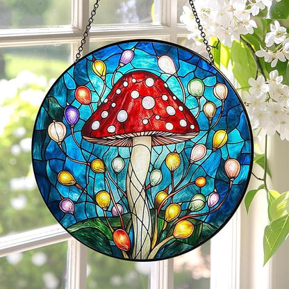 Stained Glass Window Hanging, Mushroom & Fairy Lights Sun Catchers Colorful Glass Panel Suncatcher Cottagecore Boho Home Decor for Birthday for Mother's Day Women, Men Gifts 7.8 in