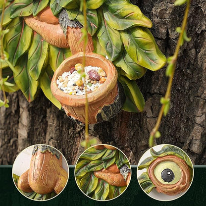 Flytime Tree Face Garden Decor with Bird Feeder - 12 Inch Whimsical Outdoor Statue, Weather Resistant Resin Tree Hugger Art for Yard & Garden