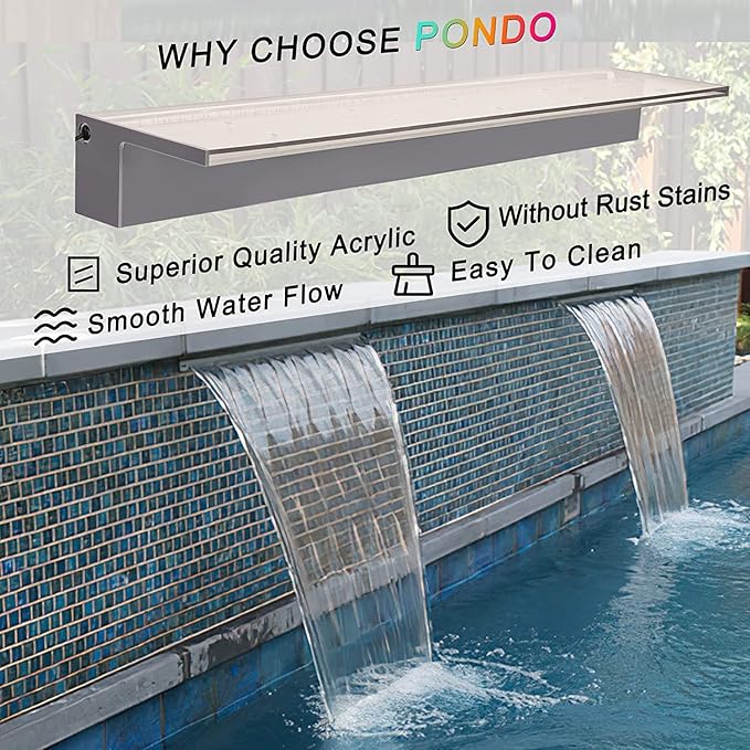 36'' APP Control Waterfall Spillway with RGB LED Lights, Acrylic Pond Fountain Set for Outdoor Decorations, Patio Pool Kit on The Wall for Garden w/16 Color Changing, Easy Installation