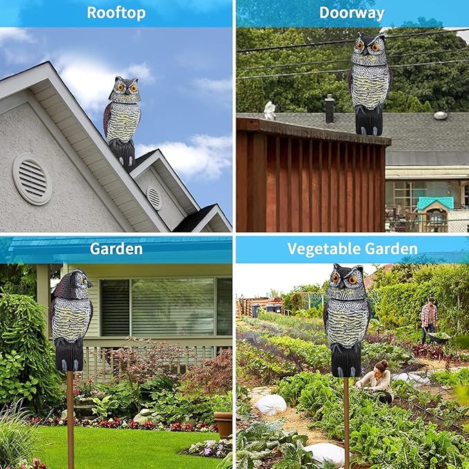 Owl Decoys to Scare Birds Squirrels Away, 360 Rotating Head Activated, Fake Owl Statues Repellent Pest Hawk Squirrel Cats Chickens Pigeon Bird Deterrents for Outside Garden Patios Backyard