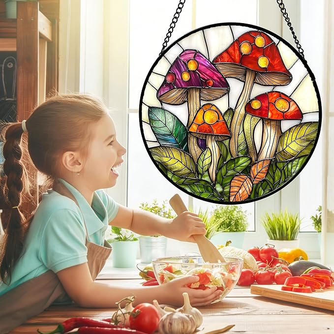 DASTOLL Stained Glass Window Hanging, Mushroom Leaves Suncatcher for Doors Home Sun Catchers Decoration and Christmas, Mother's Day Birthday Gifts for Women, Men, and Mom 9.8 in