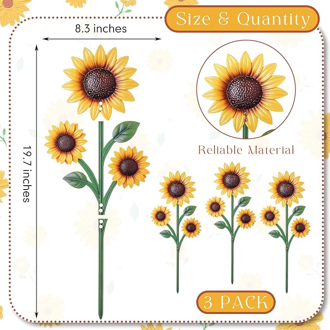3 Pack Sunflower Garden Stakes Set - Metal Flowers Decoration Spring Summer Outside Yard Art for Lawn, Patio, Pathway