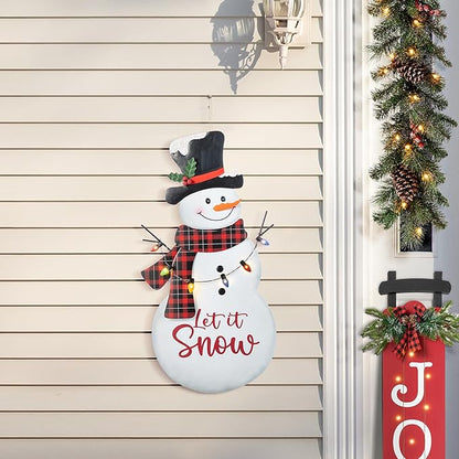Glitzhome Lighted Metal Christmas Snowman Yard Stake with Colorful Strawberry Bulbs, 36" H Let it Snow Outdoor Decor, Iron Snowman Sign for Holiday Lawn & Garden