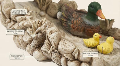 Mallard Duck Statue Splash Block Gutter Downspout Extensions Garden Decor, Decorative of Gutters Downspout Rain Concrete Pond Splash Block, Duck Family Gutter Downspout Accessory, 13.4" L x 6.3" W