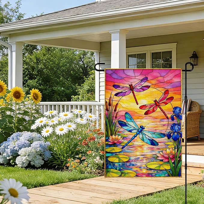 IVN Dragonfly Garden Flag 12x18 Inch – Sunset Lake Stained Glass Style Outdoor Flag, Double Sided Burlap Yard Flag for Porch Lawn Patio Decorative