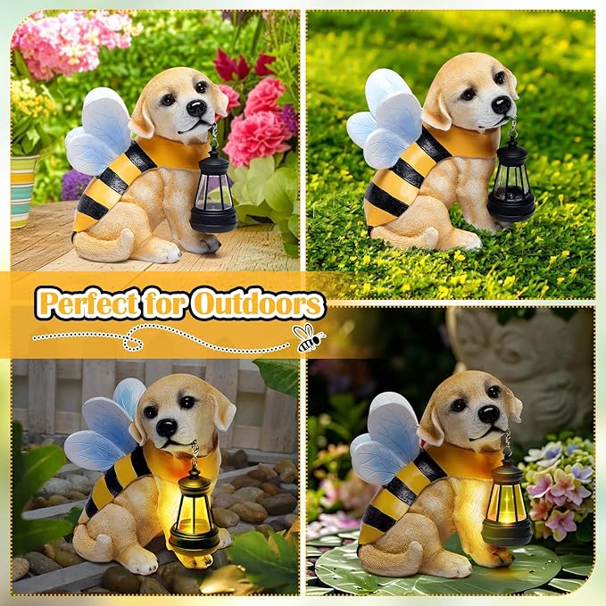 Solar Garden Statue - Honeybee Dog Figurine with LED Lantern, Resin Outdoor Decor for Patio, Lawn & Yard, Garden Art, Ideal Gift for Mom, Grandma, Housewarming