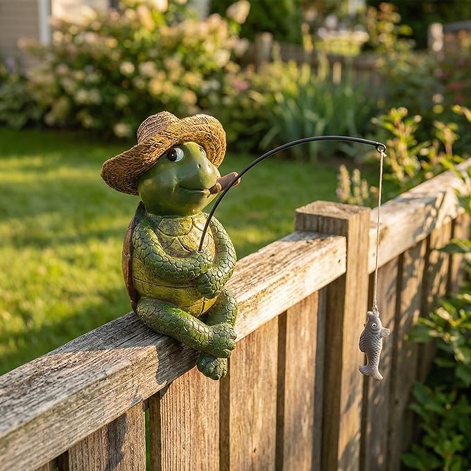Tortoise Fishing Statue Garden Decor，9.8" Weatherproof Resin Tortoise Fishing Sculpture Decor for Fish Ponds, Koi Ponds, Waterfalls, Poolside Outdoor Gardens Resin Figurine for Indoor Outdoor Décor