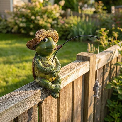 Tortoise Fishing Statue Garden Decor，9.8" Weatherproof Resin Tortoise Fishing Sculpture Decor for Fish Ponds, Koi Ponds, Waterfalls, Poolside Outdoor Gardens Resin Figurine for Indoor Outdoor Décor