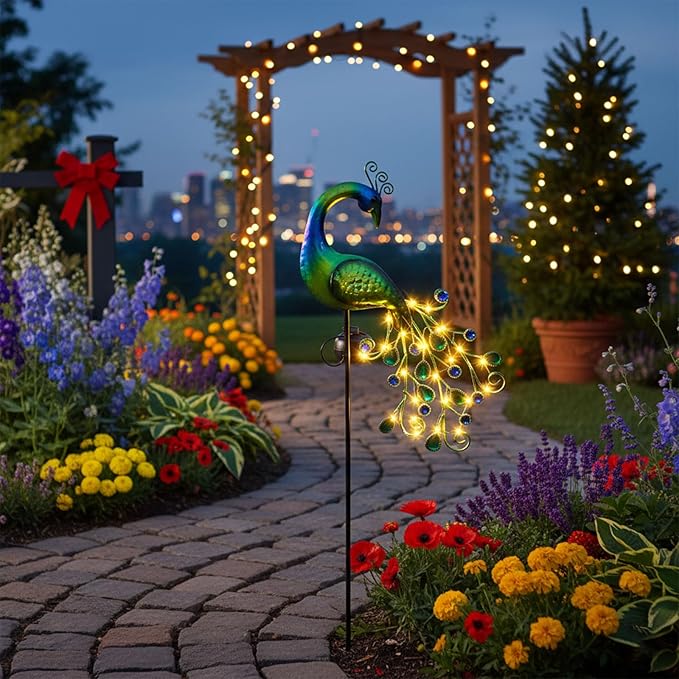 Solar Garden Lights Metal Peacock Garden Decor Waterproof Peacock Solar Stake Lights Decorative for Outdoor Patio Lawn Porch Yard Decorations Peacock Gift for Mom Grandma Women Birthday Gardening