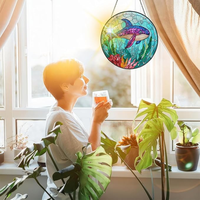 Bimkole Shark Stained Glass Suncatcher Window Hanging - Ocean Indoor Window or Doorway Decoration - Handmade Sun Catcher Decor for Garden Home Christmas & Birthday Gifts 7.87x7.87 Inch