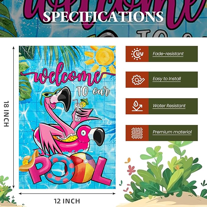 Summer POOL Garden Flags for Outdoor, Flamingo Welcome to Our POOL Small Yard Flags for Outside, Swimming Pool Decoration for Party Holiday 12x18 Inch Double Sided
