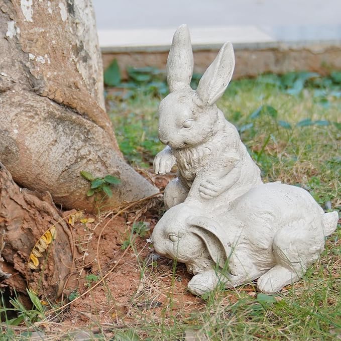 Garden-Statues - Easter Bunny Decor - Rabbit Figurine - Collectible Figurine - Spring 2 Nestled Bunny Sulpture Cream Rabbit for Easter Yard Framhouse Outdoor Décor 9*8.25*11.5 inch Newman House Studio