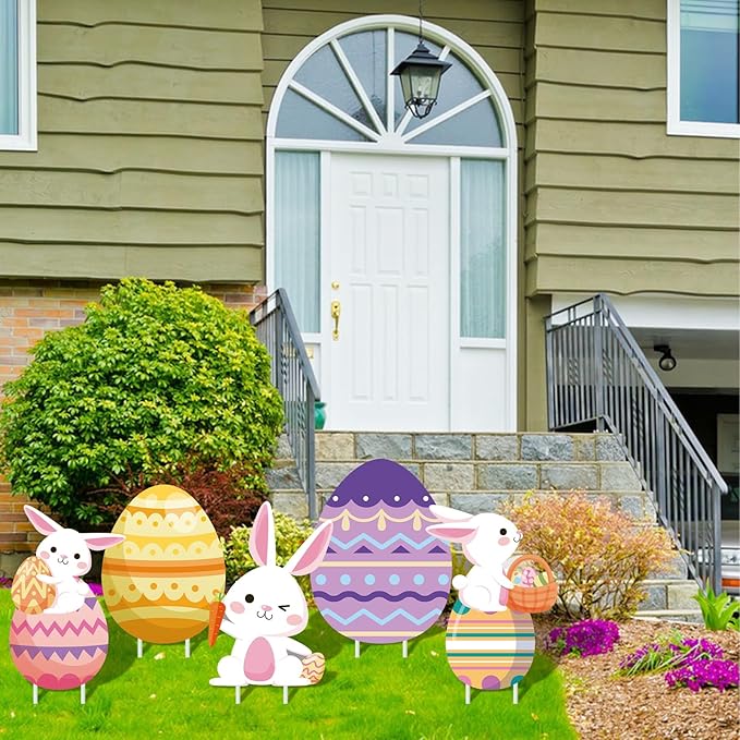 48 Inch Easter Bunny and Egg Yard Signs with Stakes - Large Bunny and Egg Stackable Designs for Outdoor Garden and Lawn Decorations for Easter Day Party Favors, Spring Holiday Celebrations