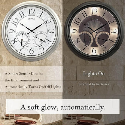 18" Illuminated in/Outdoor Clock with Smart Sensor and Night Light, Waterproof, Large Wall Clock with Thermometer & Hygrometer, for Garden,Pool and Patio Decor (Morning Silver)
