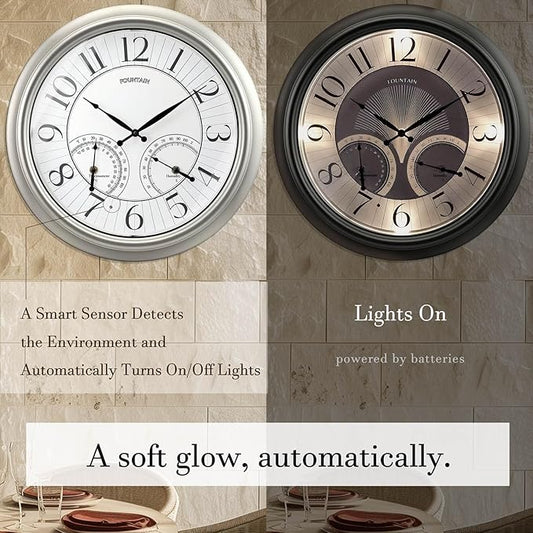 18" Illuminated in/Outdoor Clock with Smart Sensor and Night Light, Waterproof, Large Wall Clock with Thermometer & Hygrometer, for Garden,Pool and Patio Decor (Morning Silver)