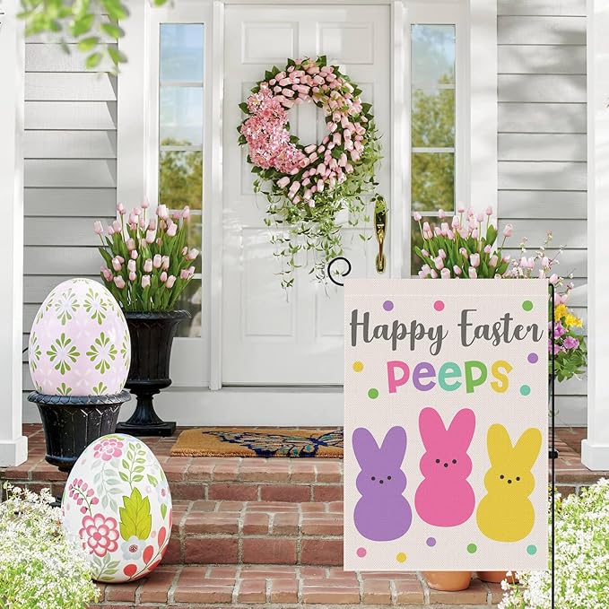 Welcome Easter Garden Flag 12x18 Inch Vertical Double Sided Happy Easter Peeps Small Burlap Flag Holiday Yard Home Outdoor Decoration