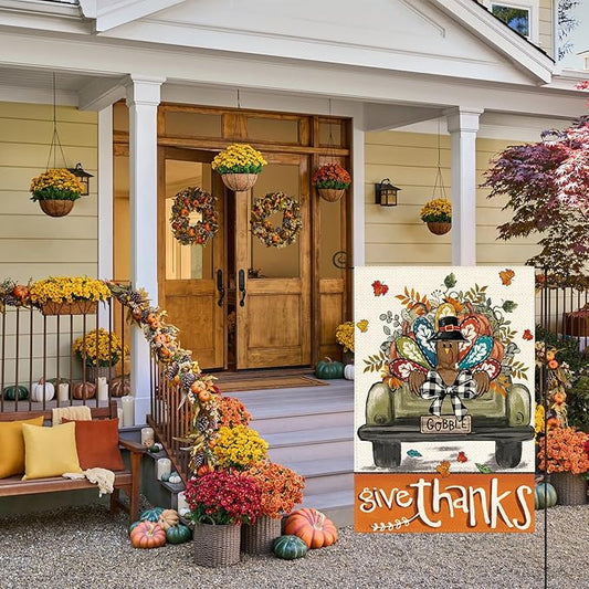 AVOIN colorlife Give Thanks Thanksgiving Garden Flag 12x18 Inch Double Sided Outside, Gobble Turkey Truck Rustic Yard Outdoor Flag