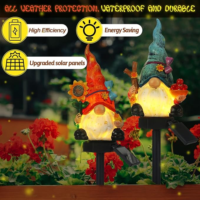 Rossesay 2 Pack Garden Decor Gnome Statues with Solar Lights Gnomes Lights Gifts for Mom Grandma Gnome Figurine for Outdoor Garden Pathway Lawn Patio Yard Decoration