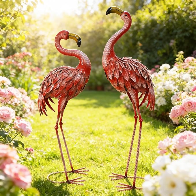 32-36 Inch Yard Flamingos Garden Statues, Metal Flamingo Outdoor Decor, Vibrant Flamingo Statues for Lawn, Backyard, Porch, Patio, Set of 2