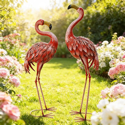 32-36 Inch Yard Flamingos Garden Statues, Metal Flamingo Outdoor Decor, Vibrant Flamingo Statues for Lawn, Backyard, Porch, Patio, Set of 2
