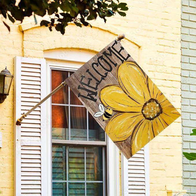 AVOIN colorlife Bee Sunflower Spring Summer House Flag 28x40 Inch Double Sided Outside, Welcome Wood Grain Yard Outdoor Flag