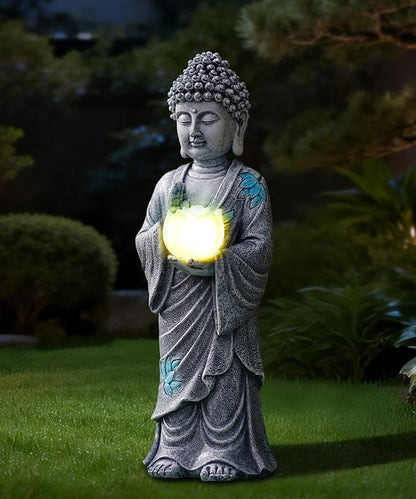 Nacome Solar Buddha Garden Statue Decor: Resin Zen Decor Waterproof Sitting Figurine with Lotus Flower Light Design for Outside Patio Lawn Yard Balcony - 11 inches(Gray)