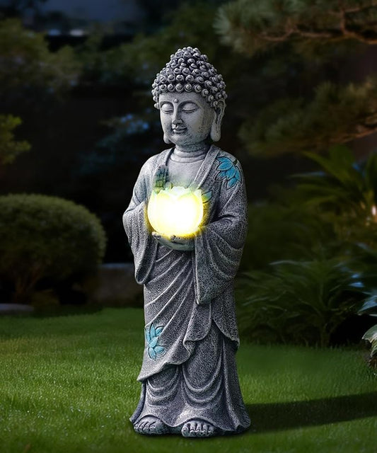 Nacome Solar Buddha Garden Statue Decor: Resin Zen Decor Waterproof Sitting Figurine with Lotus Flower Light Design for Outside Patio Lawn Yard Balcony - 11 inches(Gray)
