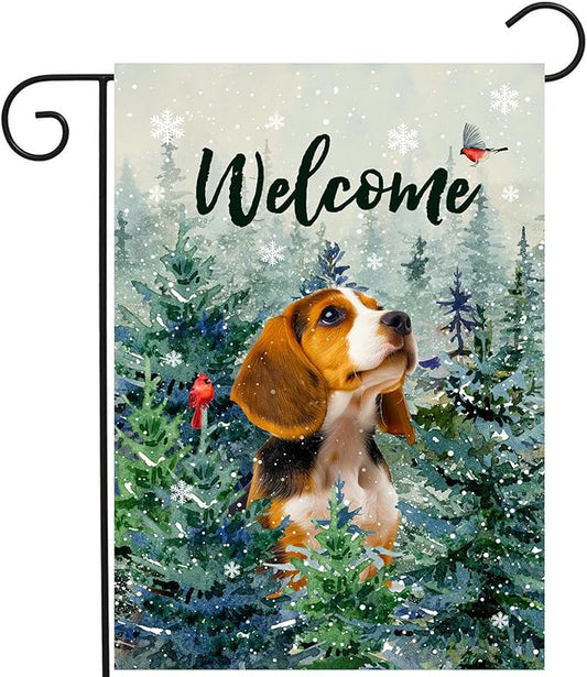 Welcome Winter Garden Flags Beagle Garden Flag Cardinal Birds on Snowy Pine Tree Flag Dog Yard Flags for Outside 12x18 Double Sided Christmas Decorative