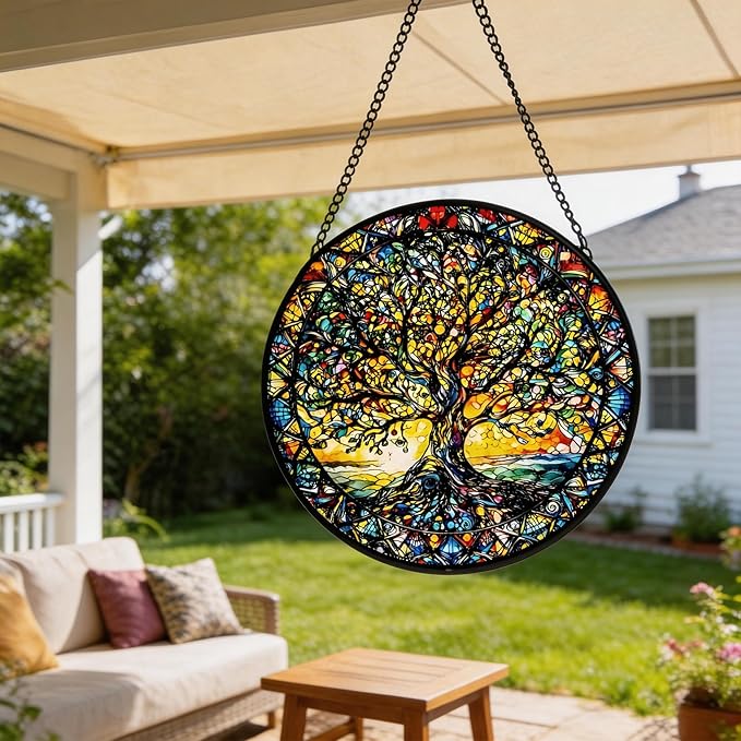 Stained Glass Sun Catcher,Tree of Life Glass Window Hanging Garden Decor,Sun Catchers Indoor Window,Whimsical Decoration for Home Backyard Patio Lawn Porch with 6.3 INCH