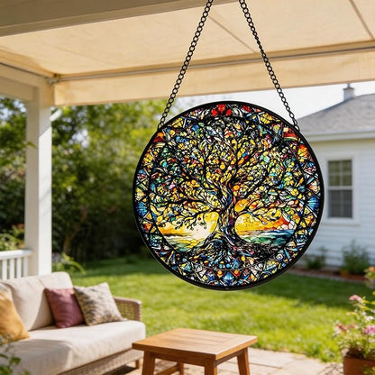 Stained Glass Sun Catcher,Tree of Life Glass Window Hanging Garden Decor,Sun Catchers Indoor Window,Whimsical Decoration for Home Backyard Patio Lawn Porch with 6.3 INCH
