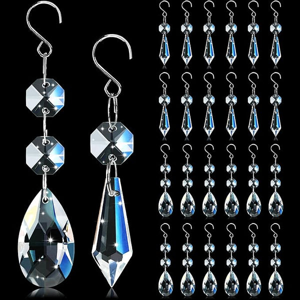 24pcs Crystal Sun Catcher, 38mm+15mm Hanging Clear Teardrops Crystals Chandelier Parts Prisms Pendants with Hook for Windows Lamps and Lanterns Party Decorations Home Decor (Clear Eardrop & Icicle)