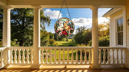Funoasis Stained Glass Window Hanging 6.3 Inches Suncatcher - Two Rabbits On The Grass in The Forest Ornaments Sun Catcher Home Decor Women Birthday