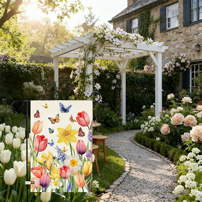Baccessor Spring Easter Tulip Garden Flag Double Sided 12.5 x 18 Inch Burlap with Clip and Stopper,Daffodil Floral Butterflies Flag Seasonal Farmhouse Front Yard Lawn Outside Outdoor Decoration