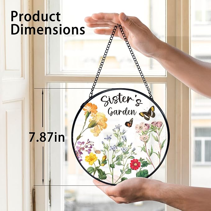 TNUW Sister Gifts Stained Glass Window Hanging, Best Sister Gifts from Brother Sun Catchers Indoor Window Glass Round Wall Art Decor, Sister's Garden Wall Hanging Decorations, 7.9＂x7.9＂