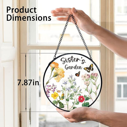 TNUW Sister Gifts Stained Glass Window Hanging, Best Sister Gifts from Brother Sun Catchers Indoor Window Glass Round Wall Art Decor, Sister's Garden Wall Hanging Decorations, 7.9＂x7.9＂