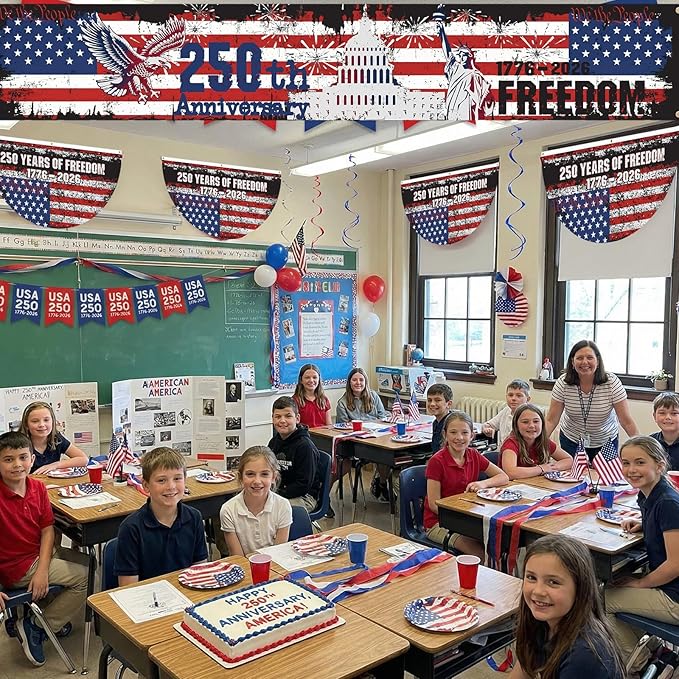 Chumia 5 Pcs USA 250th Anniversary Decoration Set Include 4 Patriotic Fan Banners 1 Large Fence Banner 1776-2026 Semiquincentennial Outdoor Bunting for 4th of July, Memorial Day, Patriotic Party Decor