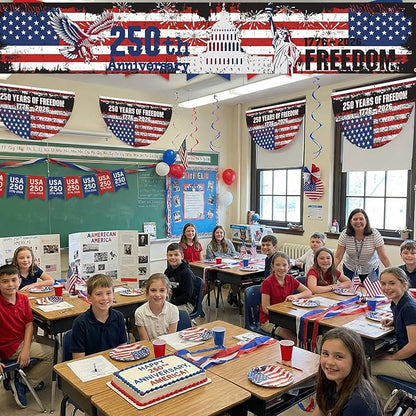 Chumia 5 Pcs USA 250th Anniversary Decoration Set Include 4 Patriotic Fan Banners 1 Large Fence Banner 1776-2026 Semiquincentennial Outdoor Bunting for 4th of July, Memorial Day, Patriotic Party Decor